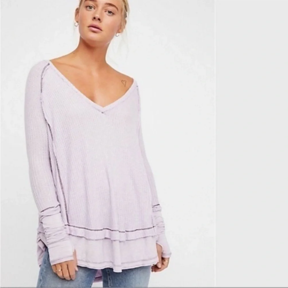FREE PEOPLE LAGUNA THERMAL WAFFLE & JERSEY TOP WITH THUMBHOLES OVERSIZED